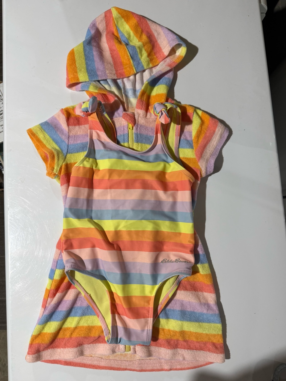 Eddie Bauer Yellow and Pastel Rainbow Girls Swimsuit and Cover Up Set